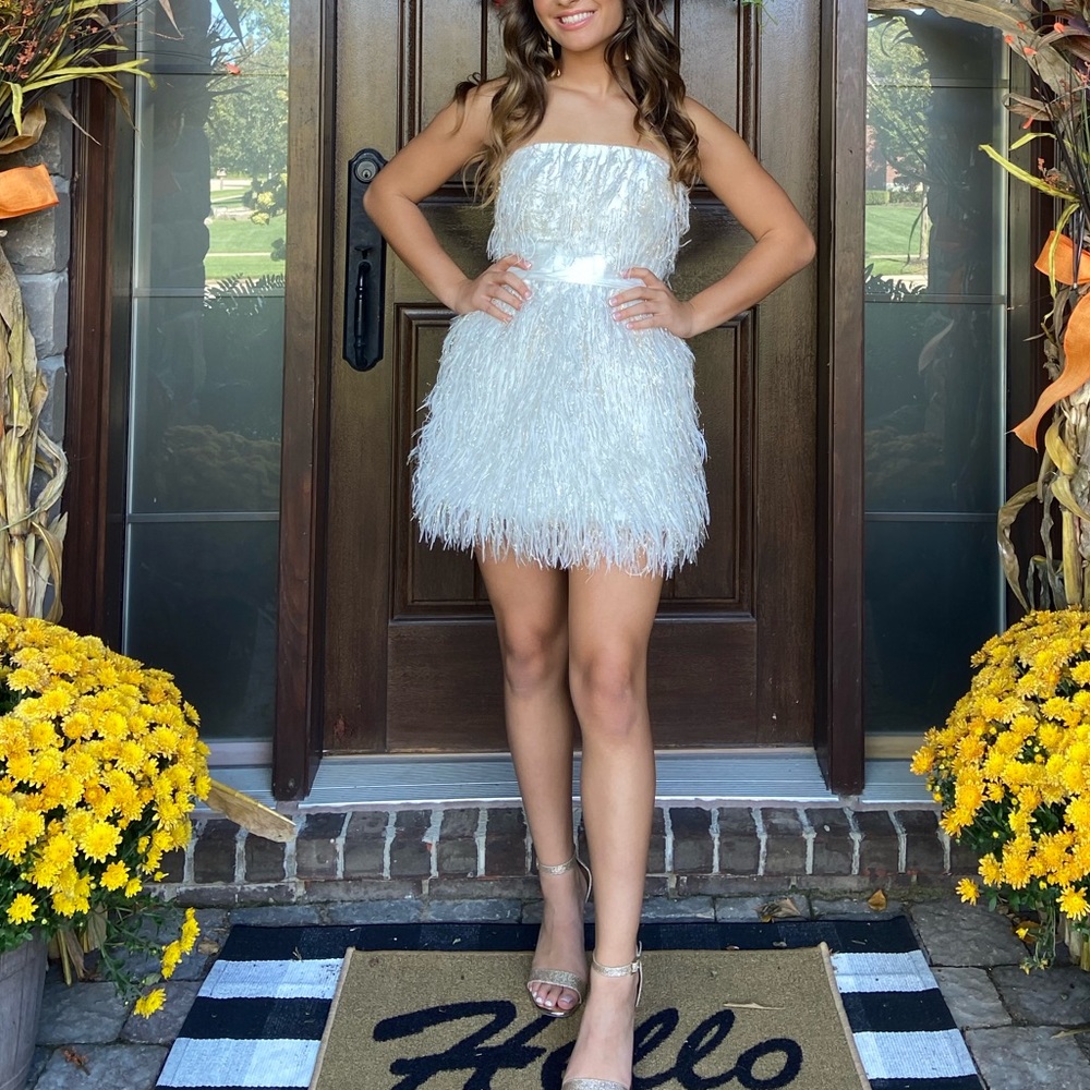 Jay Godfrey- Mini ivory (+ gold threads) feathered mini dress